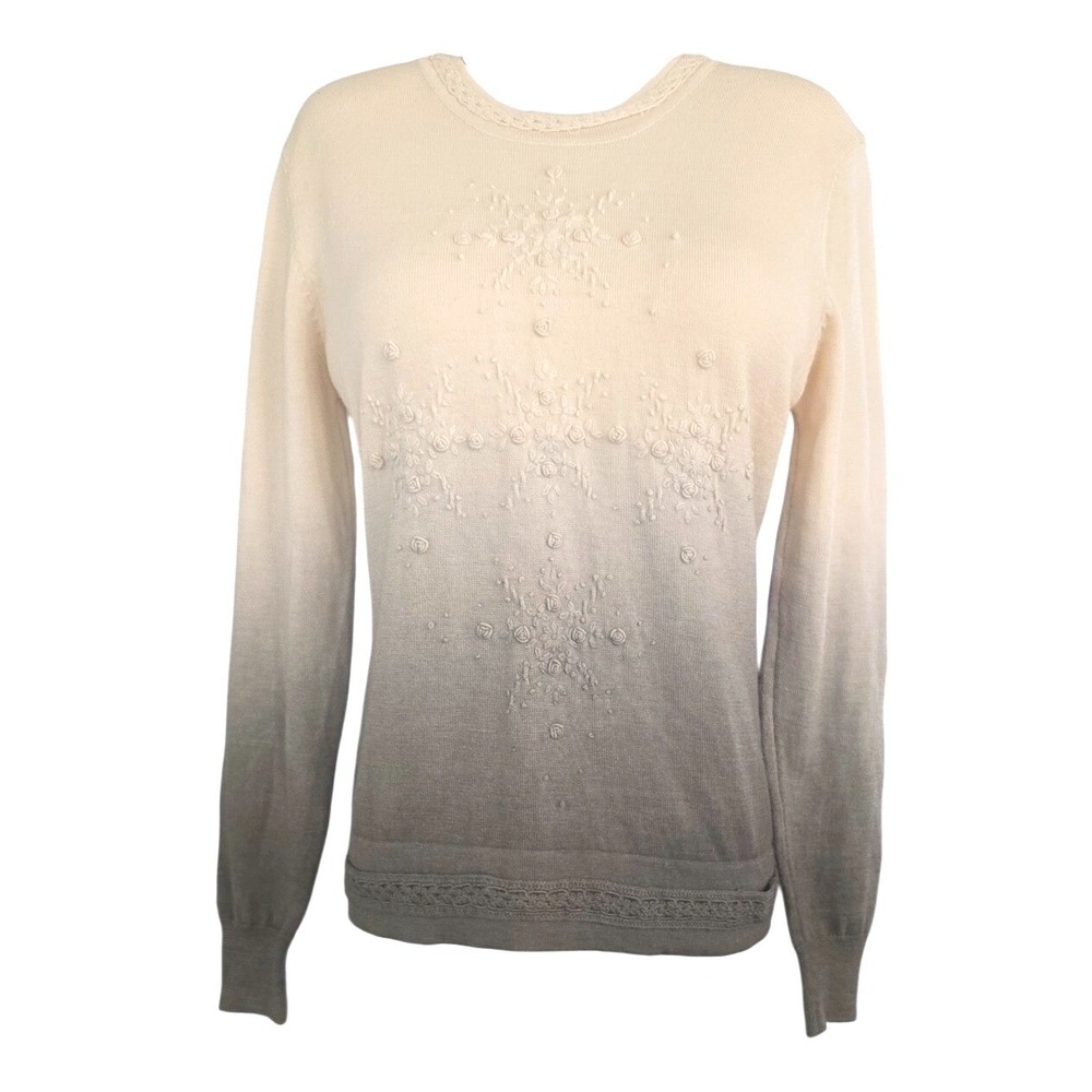 Bella 100% Wool Ombre Sweater Cream Sage Green Floral 3D Embroidery Crew Neck